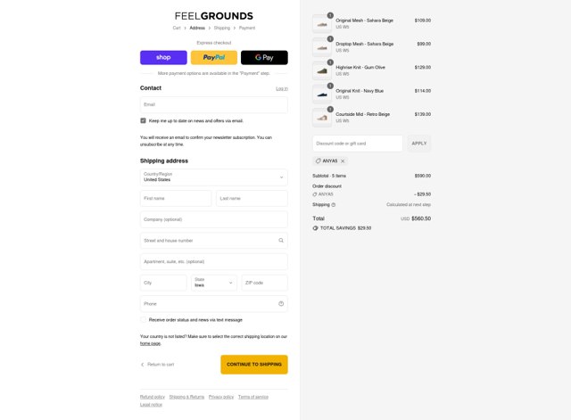 Feelgrounds checkout page showing Feelgrounds discount code box | Screenshot taken by SimplyCodes community member on Sep 9, 2025
