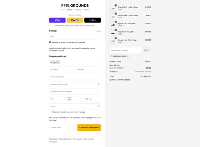 Feelgrounds checkout page showing Feelgrounds discount code box | Screenshot taken by SimplyCodes community member on Sep 9, 2025