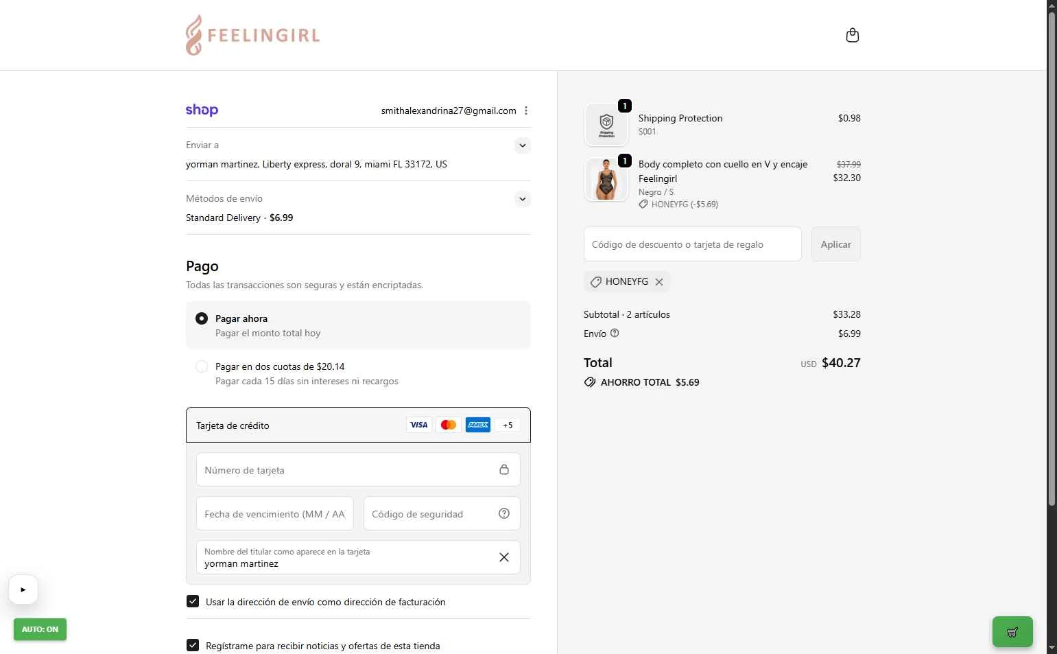 Feelingirl Official checkout page showing Feelingirl Official promo code box | Screenshot taken by SimplyCodes community member on Jan 2, 2026