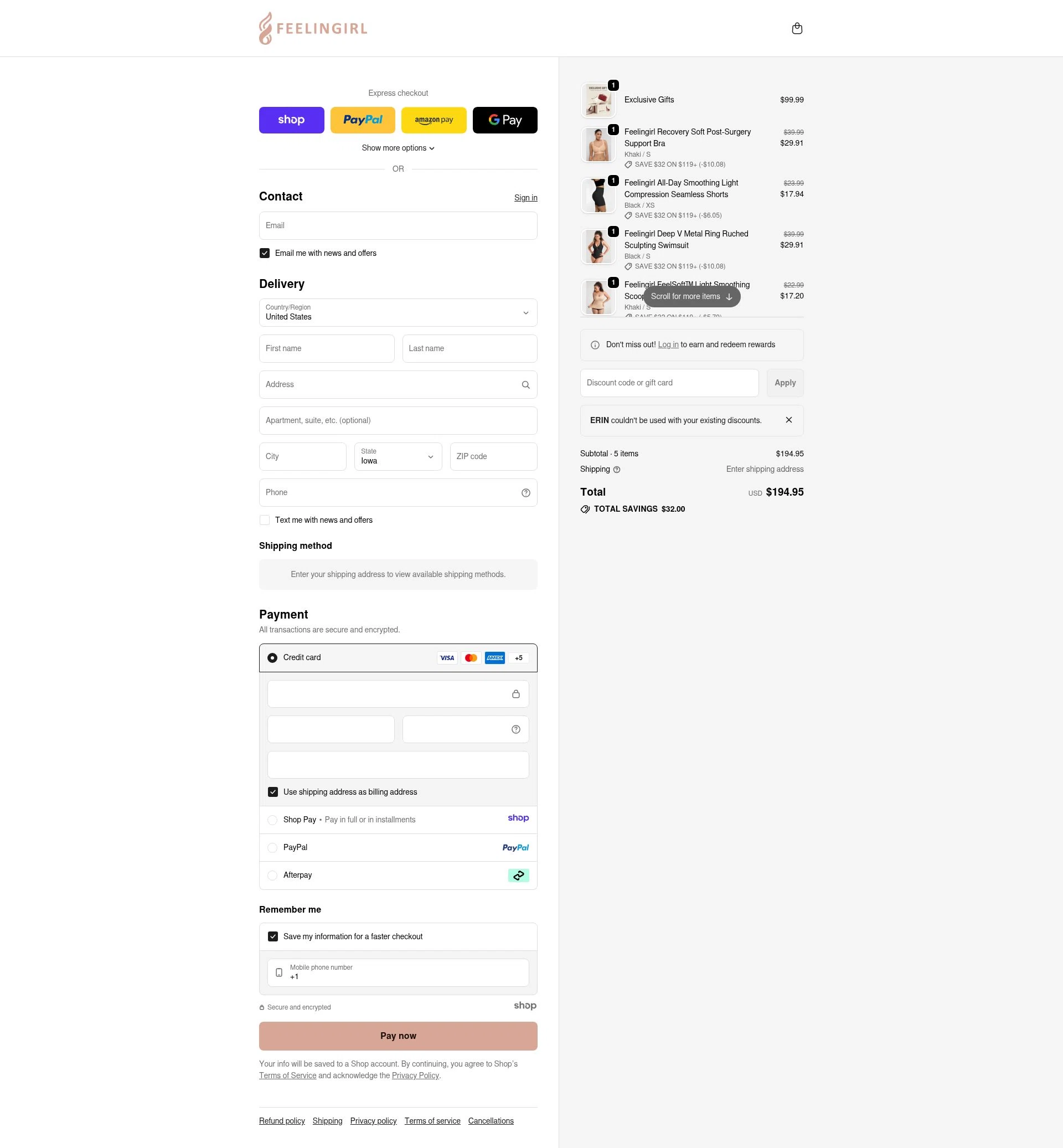 Feelingirl Official checkout page showing Feelingirl Official promo code box | Screenshot taken by SimplyCodes community member on Dec 31, 2025