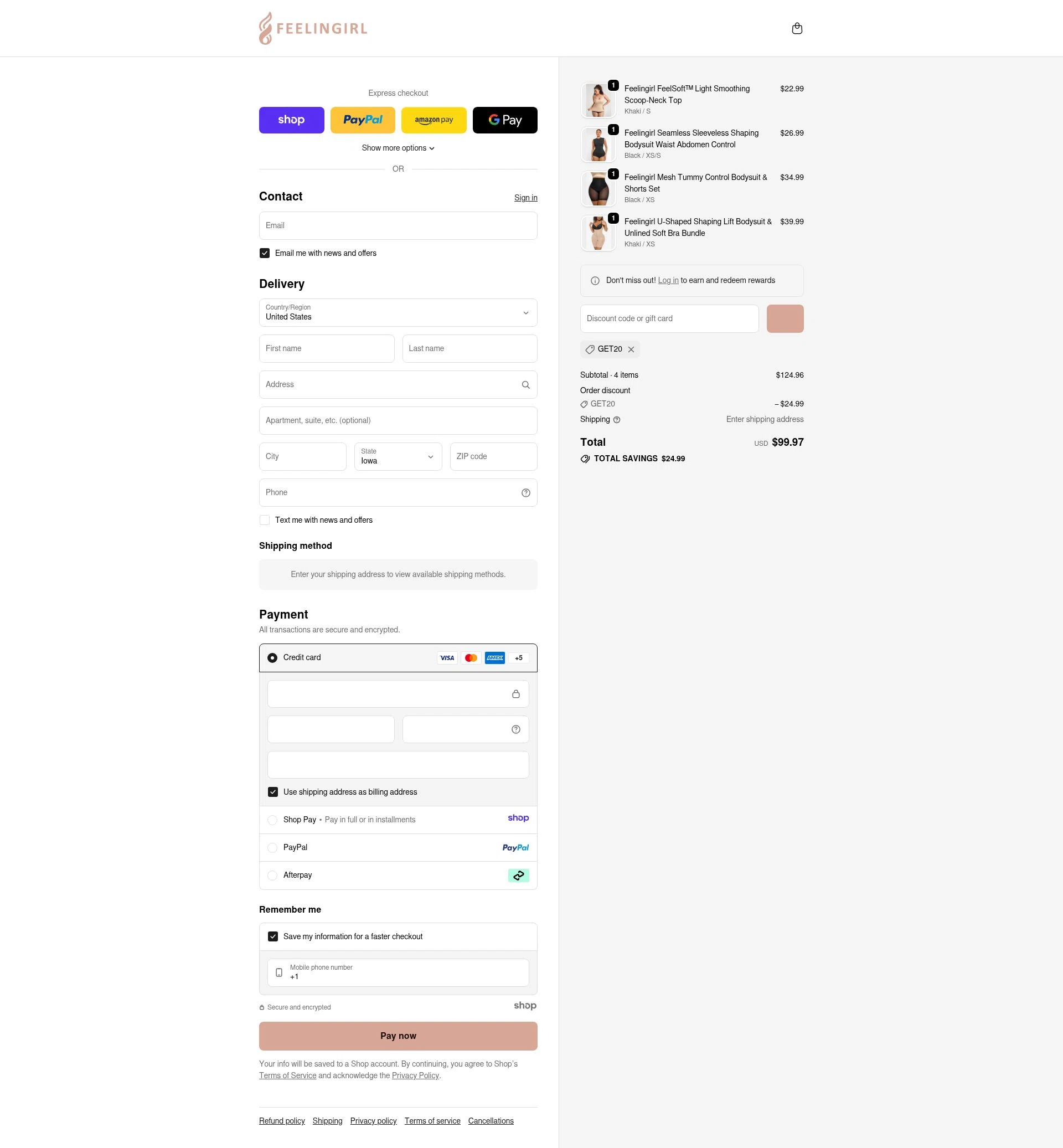 Feelingirl Official checkout page showing Feelingirl Official promo code box | Screenshot taken by SimplyCodes community member on Dec 26, 2025