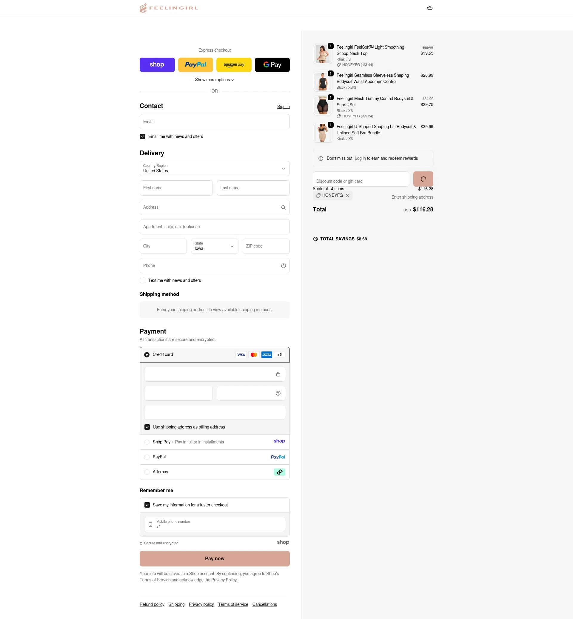 Feelingirl Official checkout page showing Feelingirl Official promo code box | Screenshot taken by SimplyCodes community member on Dec 26, 2025