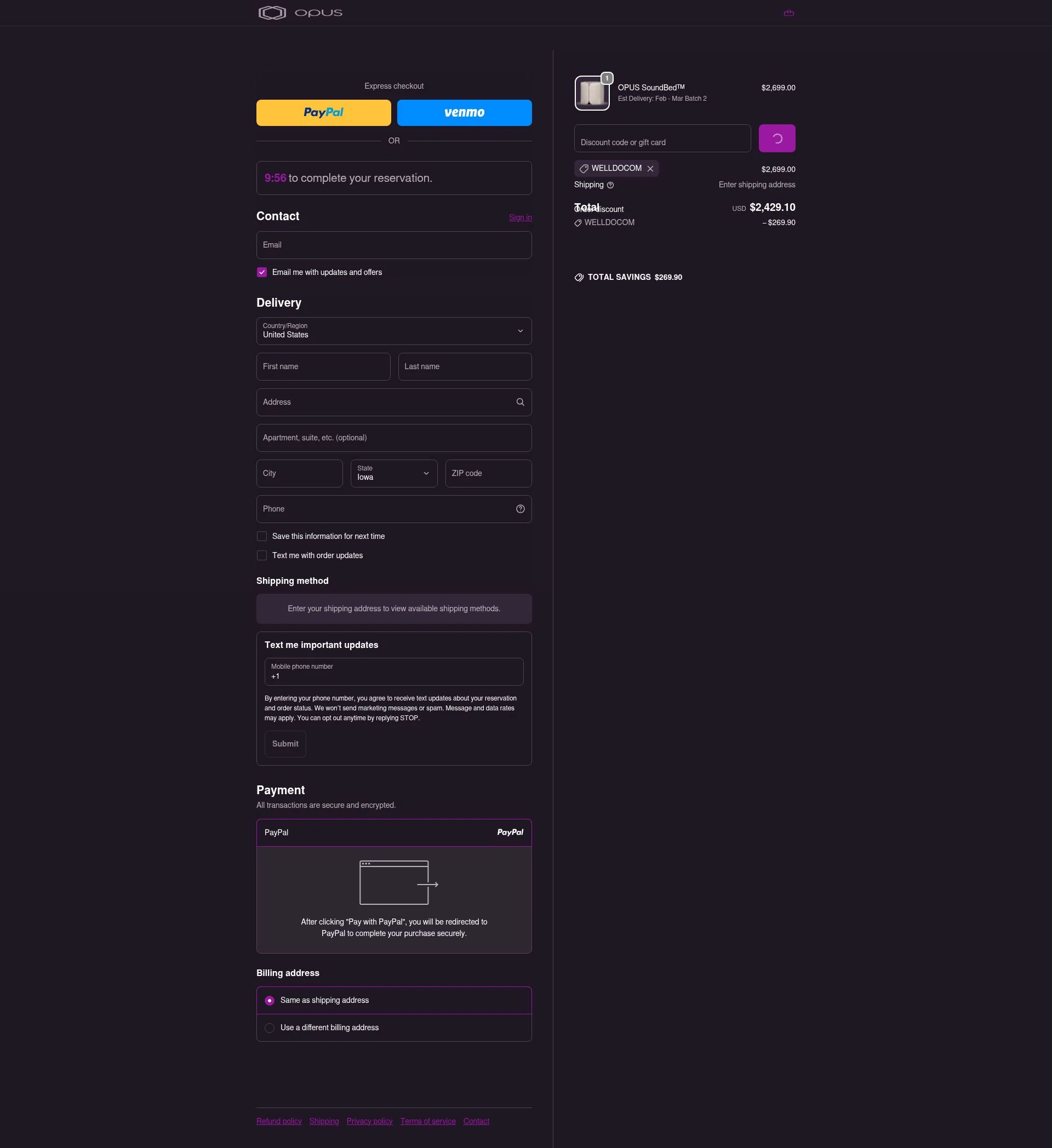 OPUS checkout page showing OPUS promo code box | Screenshot taken by SimplyCodes community member on Jan 6, 2026