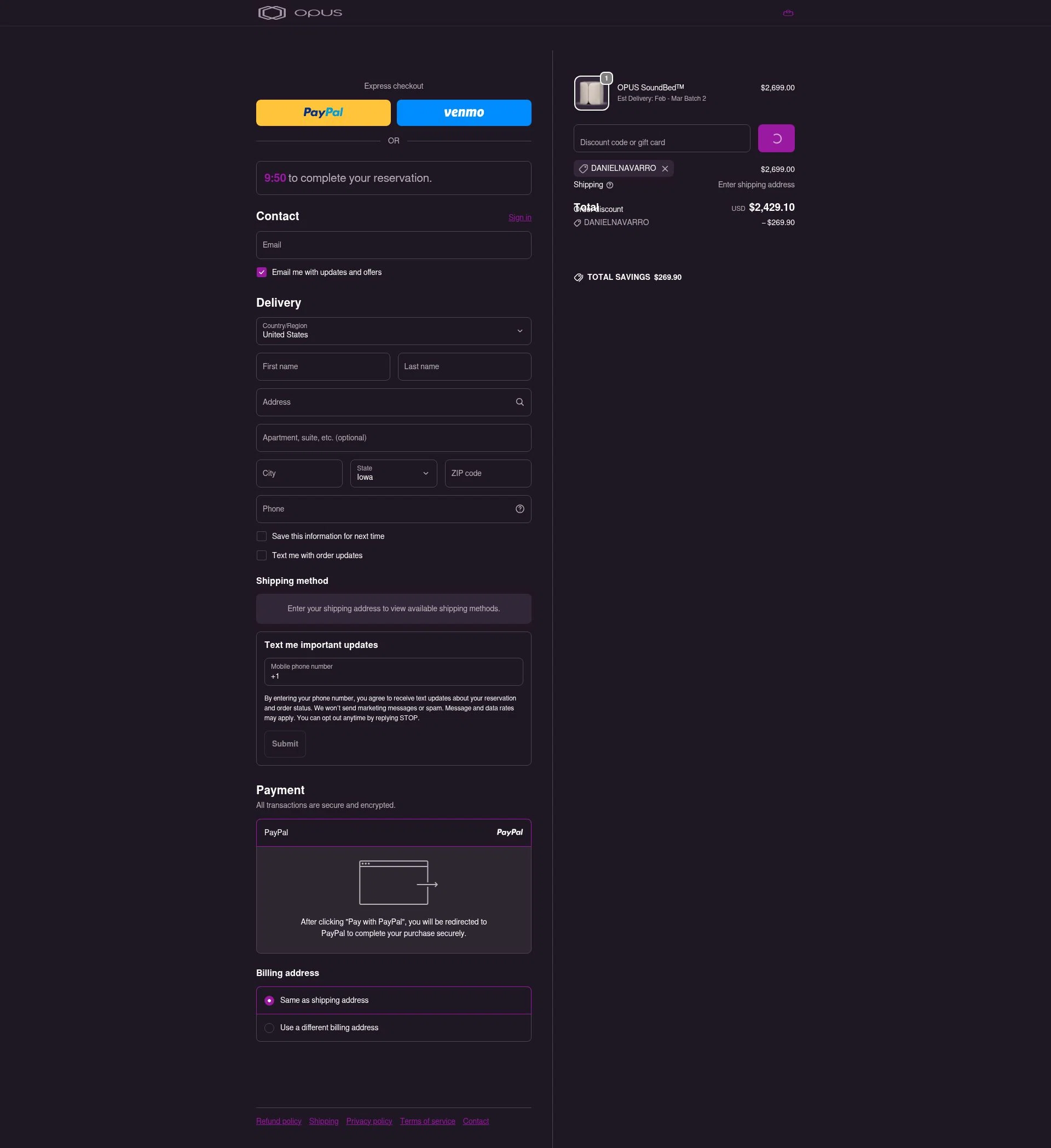 OPUS checkout page showing OPUS promo code box | Screenshot taken by SimplyCodes community member on Jan 6, 2026