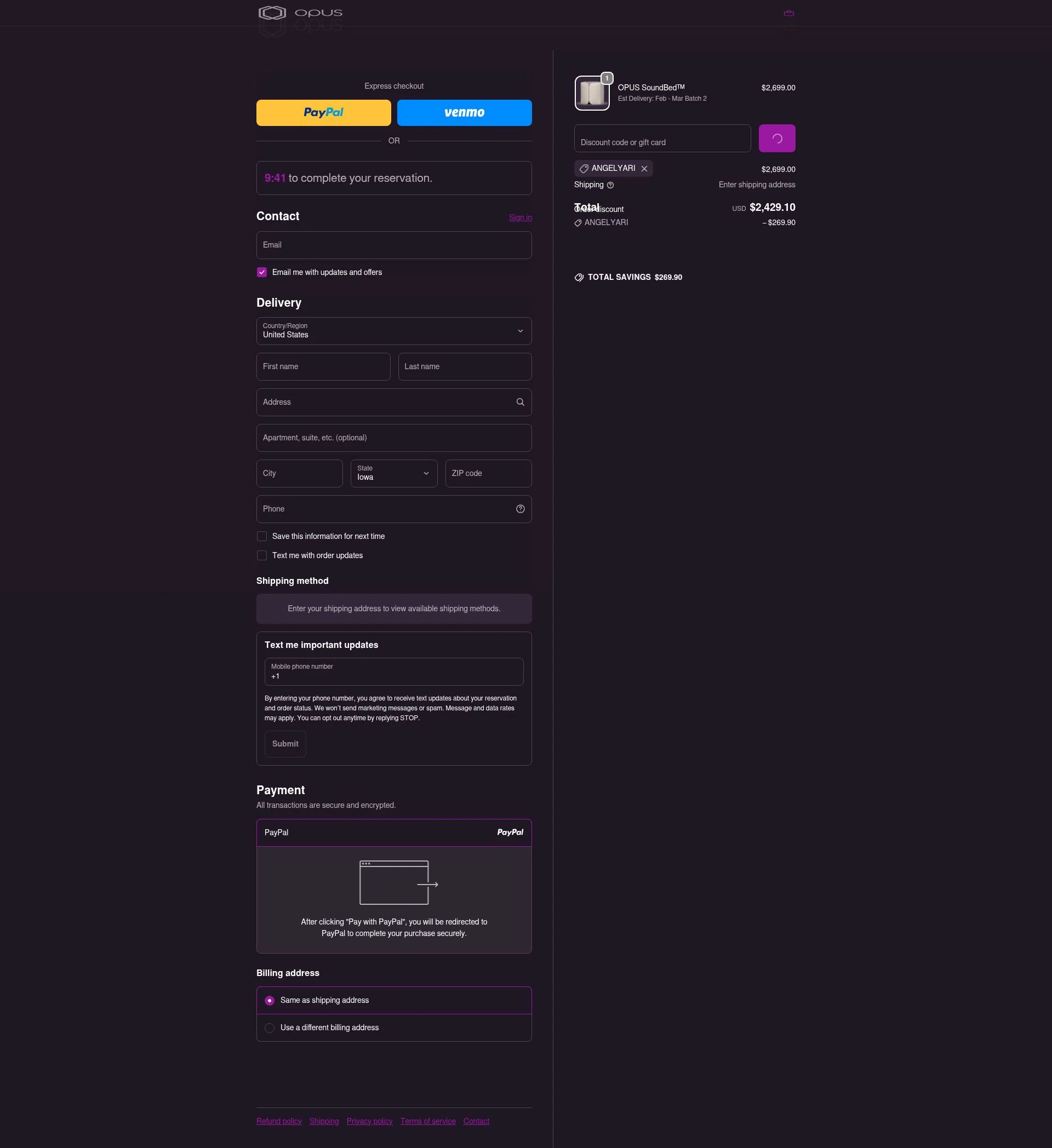 OPUS checkout page showing OPUS promo code box | Screenshot taken by SimplyCodes community member on Dec 27, 2025
