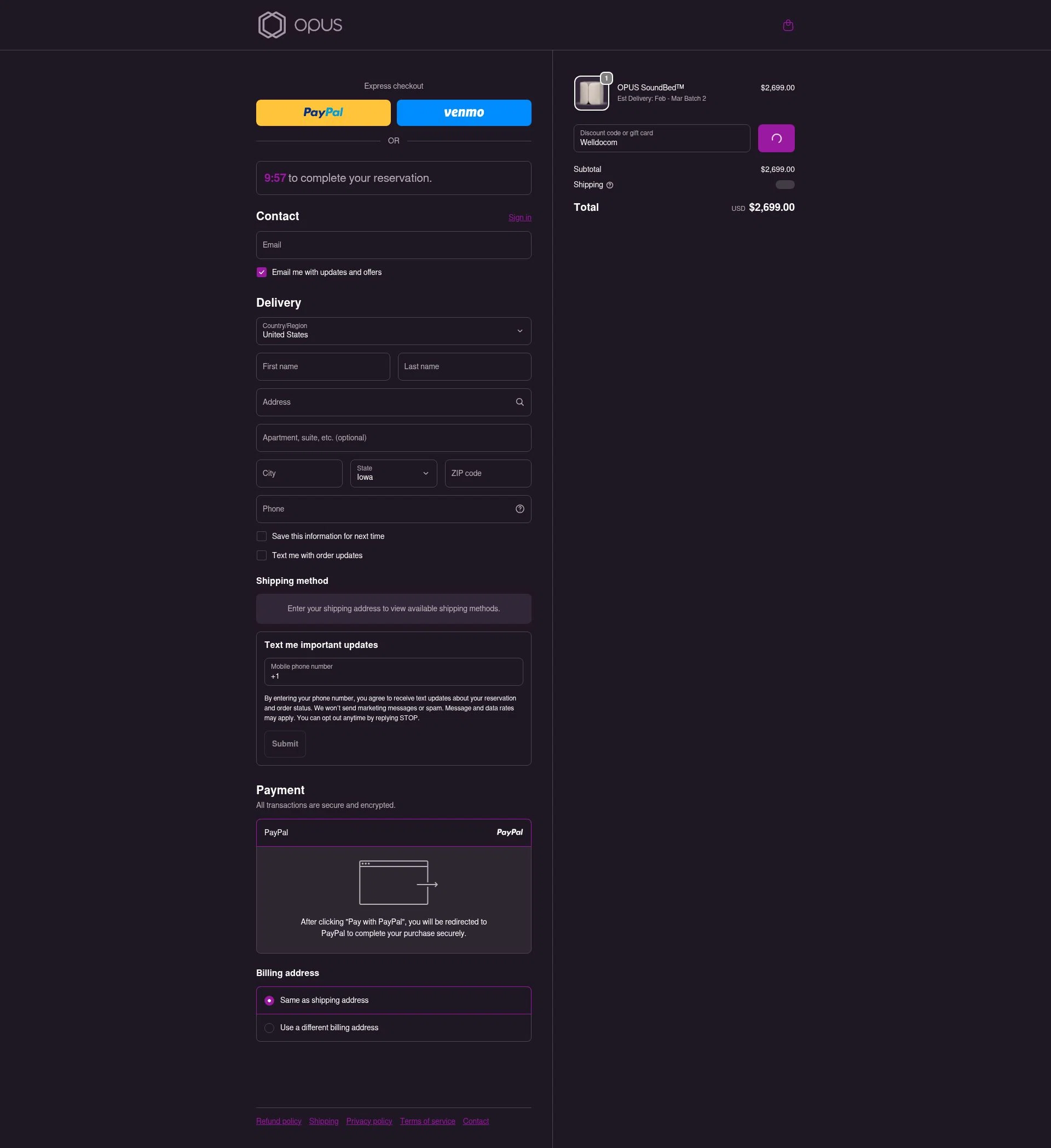 OPUS checkout page showing OPUS promo code box | Screenshot taken by SimplyCodes community member on Dec 27, 2025