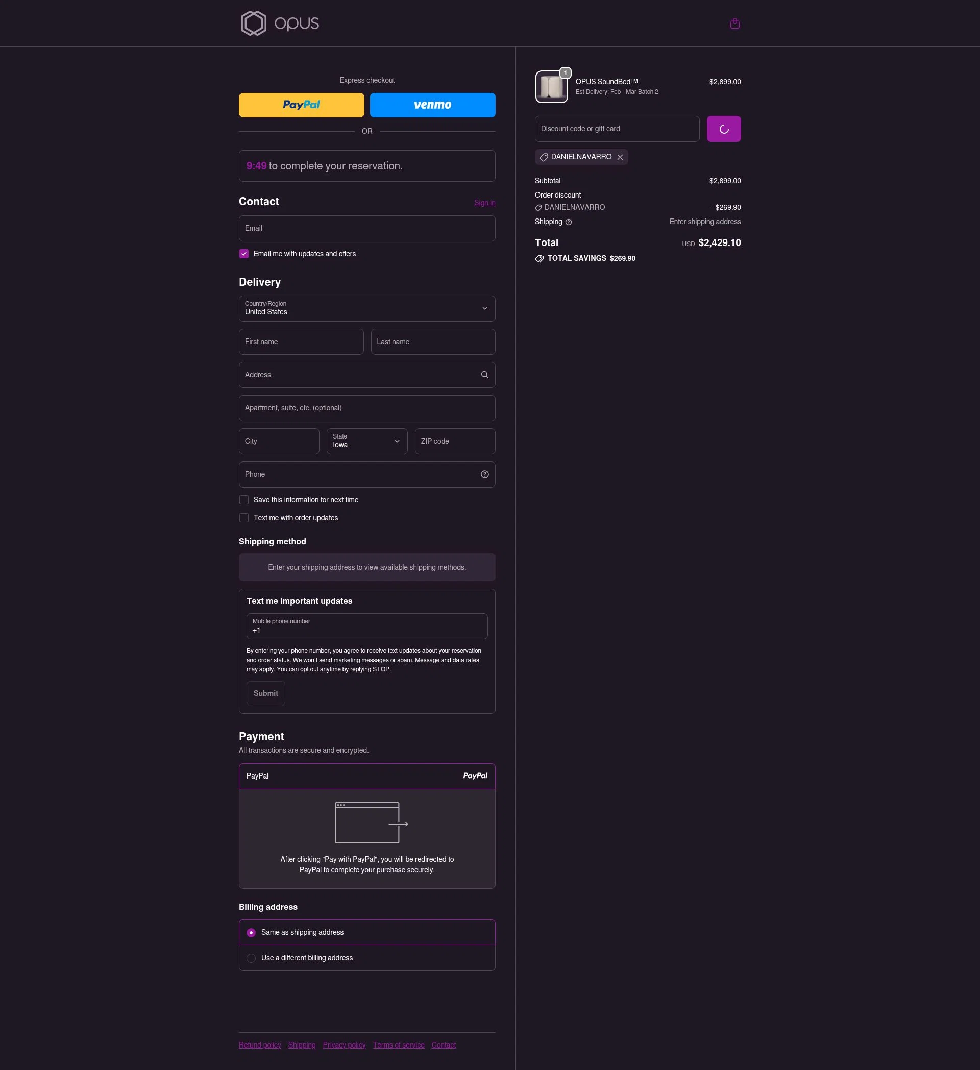 OPUS checkout page showing OPUS promo code box | Screenshot taken by SimplyCodes community member on Dec 27, 2025