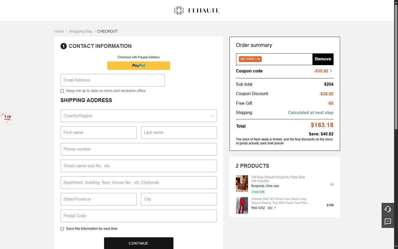 Fehaute checkout page showing Fehaute coupon code box | Screenshot taken by SimplyCodes community member on Dec 26, 2025