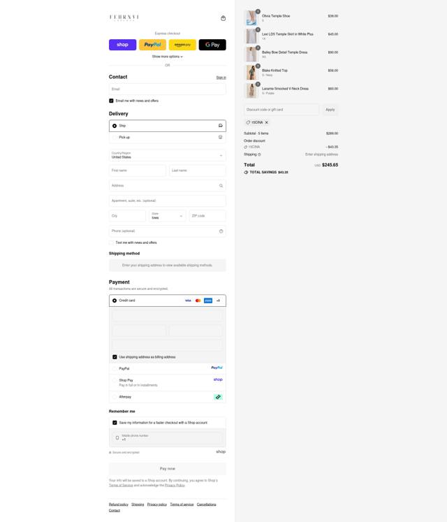 FEHRNVI checkout page showing FEHRNVI discount code box | Screenshot taken by SimplyCodes community member on Sep 13, 2025