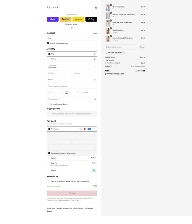 FEHRNVI checkout page showing FEHRNVI discount code box | Screenshot taken by SimplyCodes community member on Sep 13, 2025