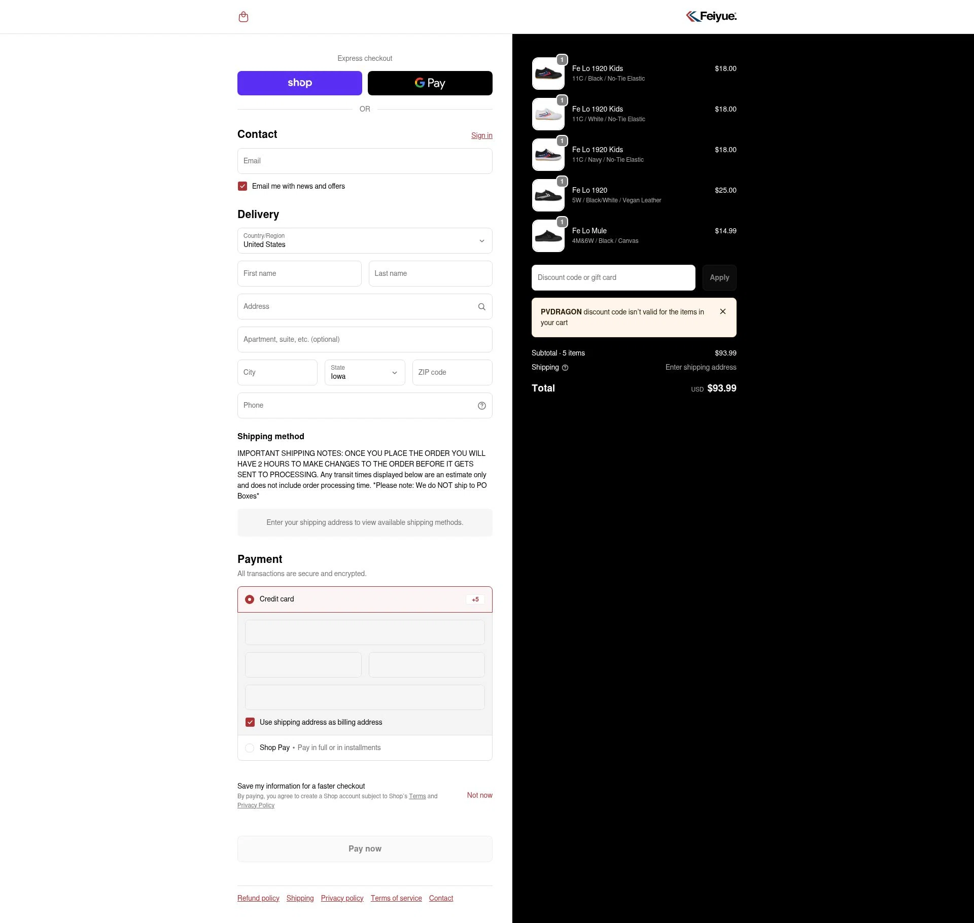 Feiyue checkout page showing Feiyue discount code box | Screenshot taken by SimplyCodes community member on Feb 18, 2026