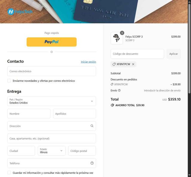 Feiyutech checkout page showing Feiyutech promo code box | Screenshot taken by SimplyCodes community member on Sep 14, 2025