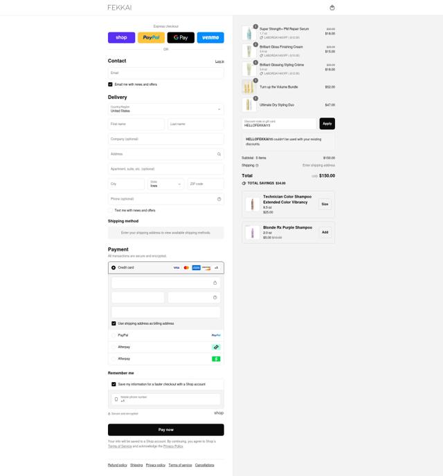 Fekkai checkout page showing Fekkai discount code box | Screenshot taken by SimplyCodes community member on Aug 31, 2025