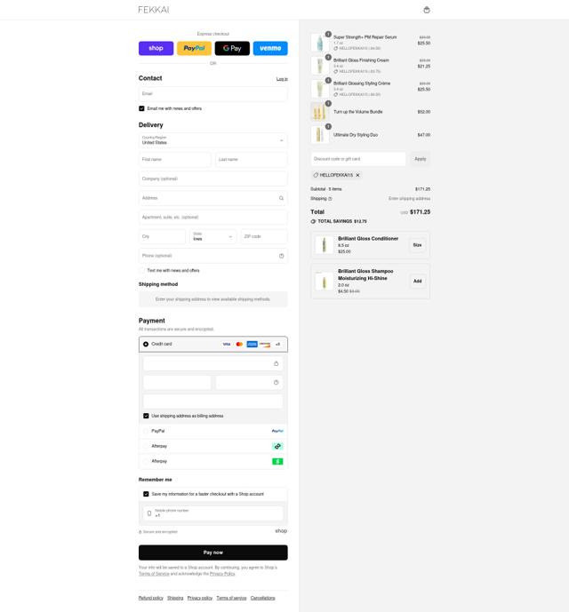 Fekkai checkout page showing Fekkai discount code box | Screenshot taken by SimplyCodes community member on Sep 8, 2025