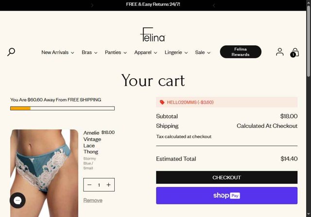 Felina checkout page showing Felina coupon code box | Screenshot taken by SimplyCodes community member on Sep 5, 2025