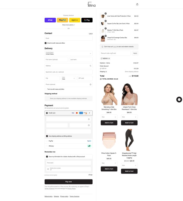 Felina checkout page showing Felina coupon code box | Screenshot taken by SimplyCodes community member on Sep 5, 2025