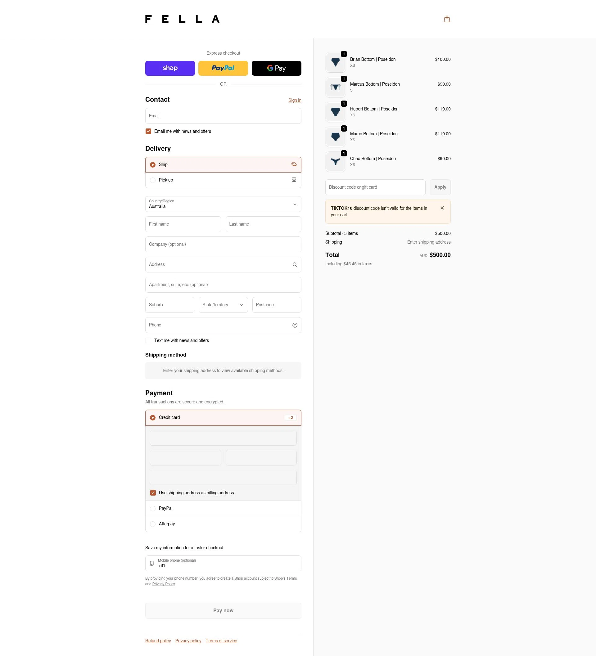 Fella Swim checkout page showing Fella Swim discount code box | Screenshot taken by SimplyCodes community member on Feb 18, 2026