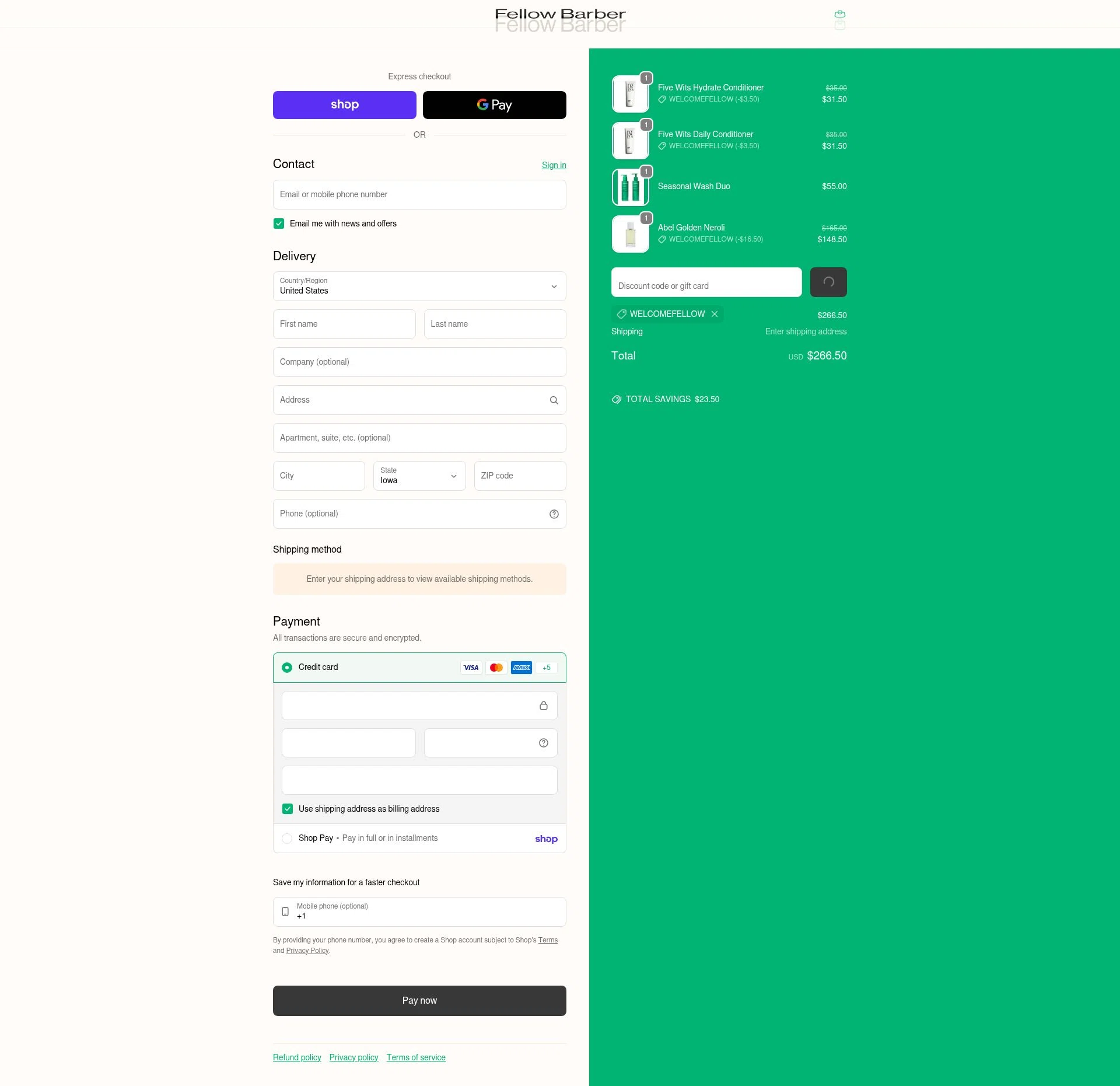Fellow Barber checkout page showing Fellow Barber promo code box | Screenshot taken by SimplyCodes community member on Feb 14, 2026