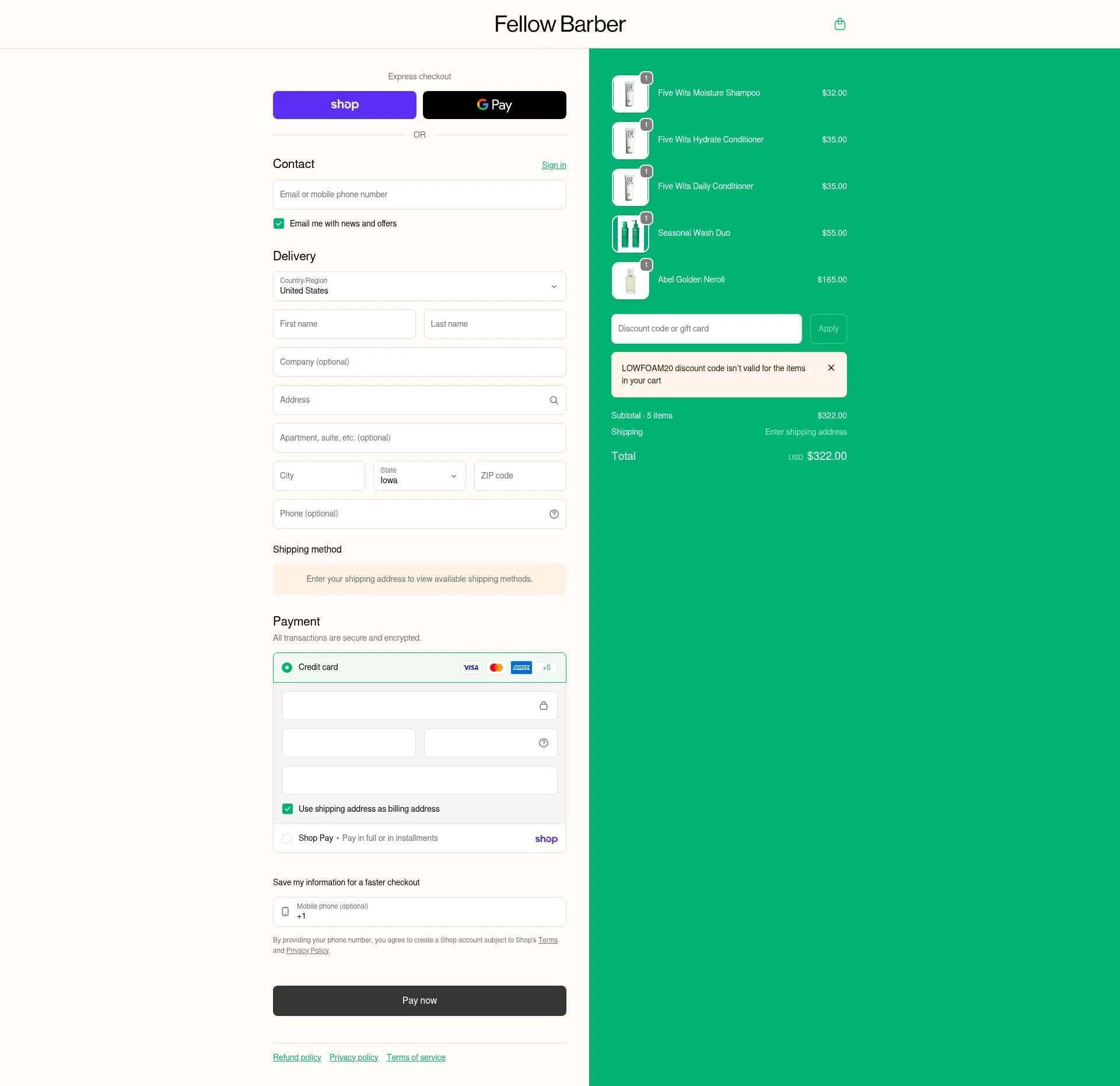 Fellow Barber checkout page showing Fellow Barber promo code box | Screenshot taken by SimplyCodes community member on Feb 10, 2026