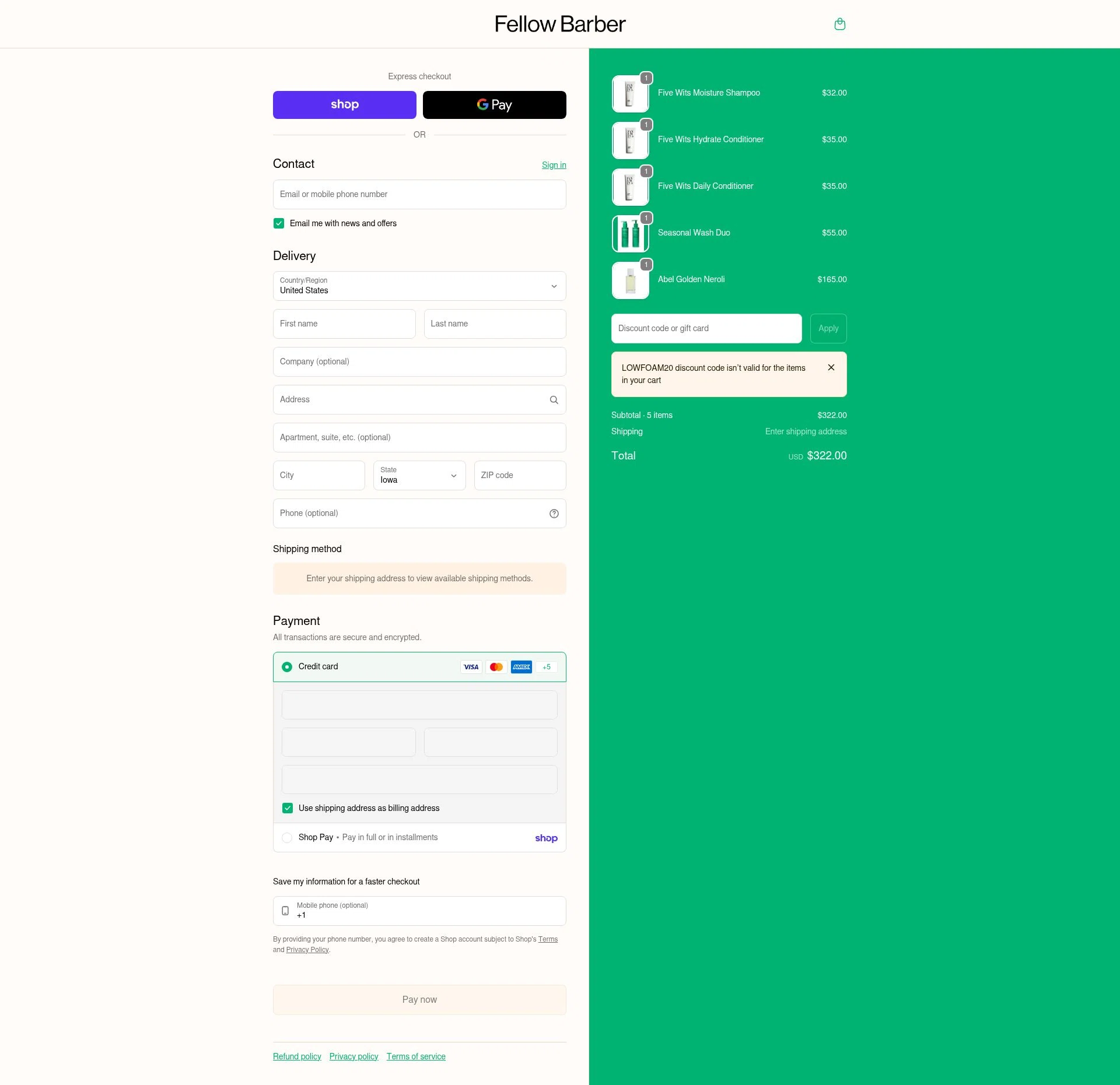 Fellow Barber checkout page showing Fellow Barber promo code box | Screenshot taken by SimplyCodes community member on Feb 5, 2026