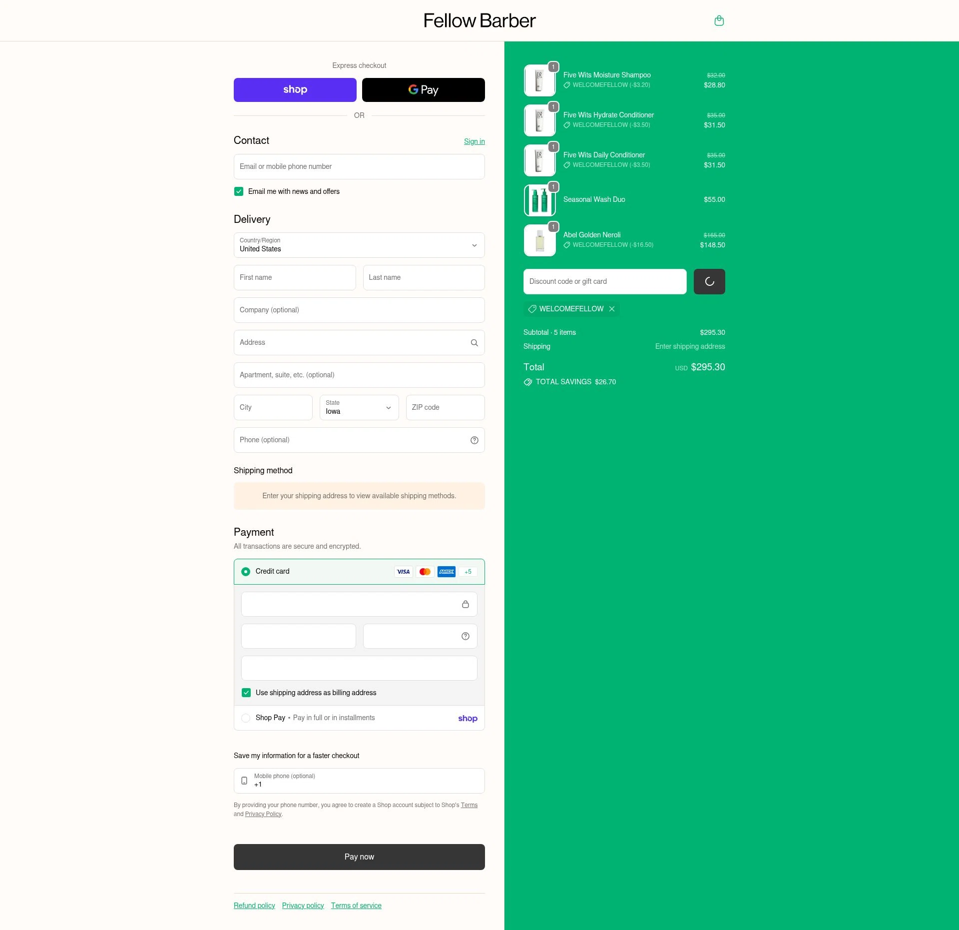 Fellow Barber checkout page showing Fellow Barber promo code box | Screenshot taken by SimplyCodes community member on Feb 1, 2026