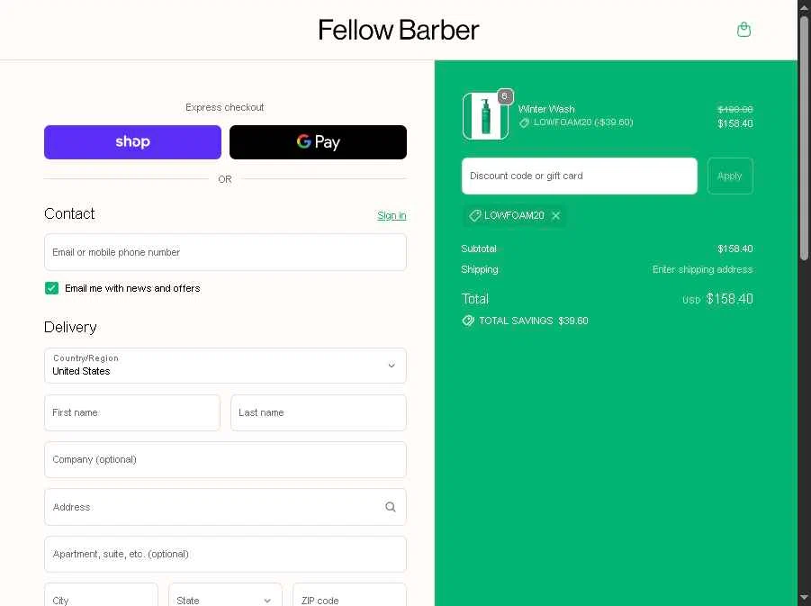 Fellow Barber checkout page showing Fellow Barber promo code box | Screenshot taken by SimplyCodes community member on Jan 27, 2026