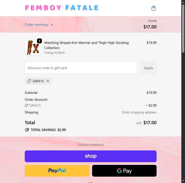 Femboy Fatale checkout page showing Femboy Fatale promo code box | Screenshot taken by SimplyCodes community member on Feb 14, 2026