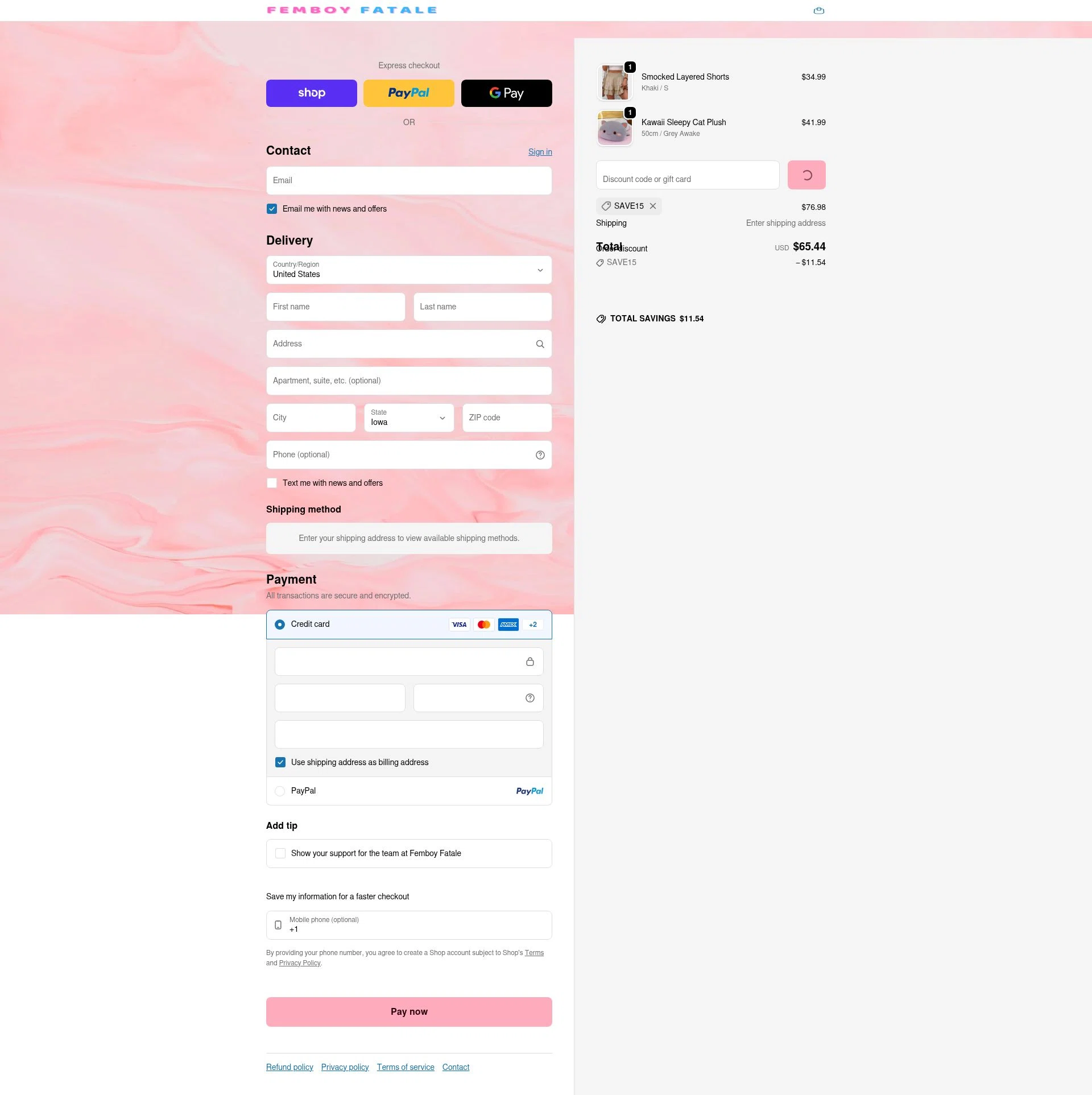 Femboy Fatale checkout page showing Femboy Fatale promo code box | Screenshot taken by SimplyCodes community member on Feb 18, 2026