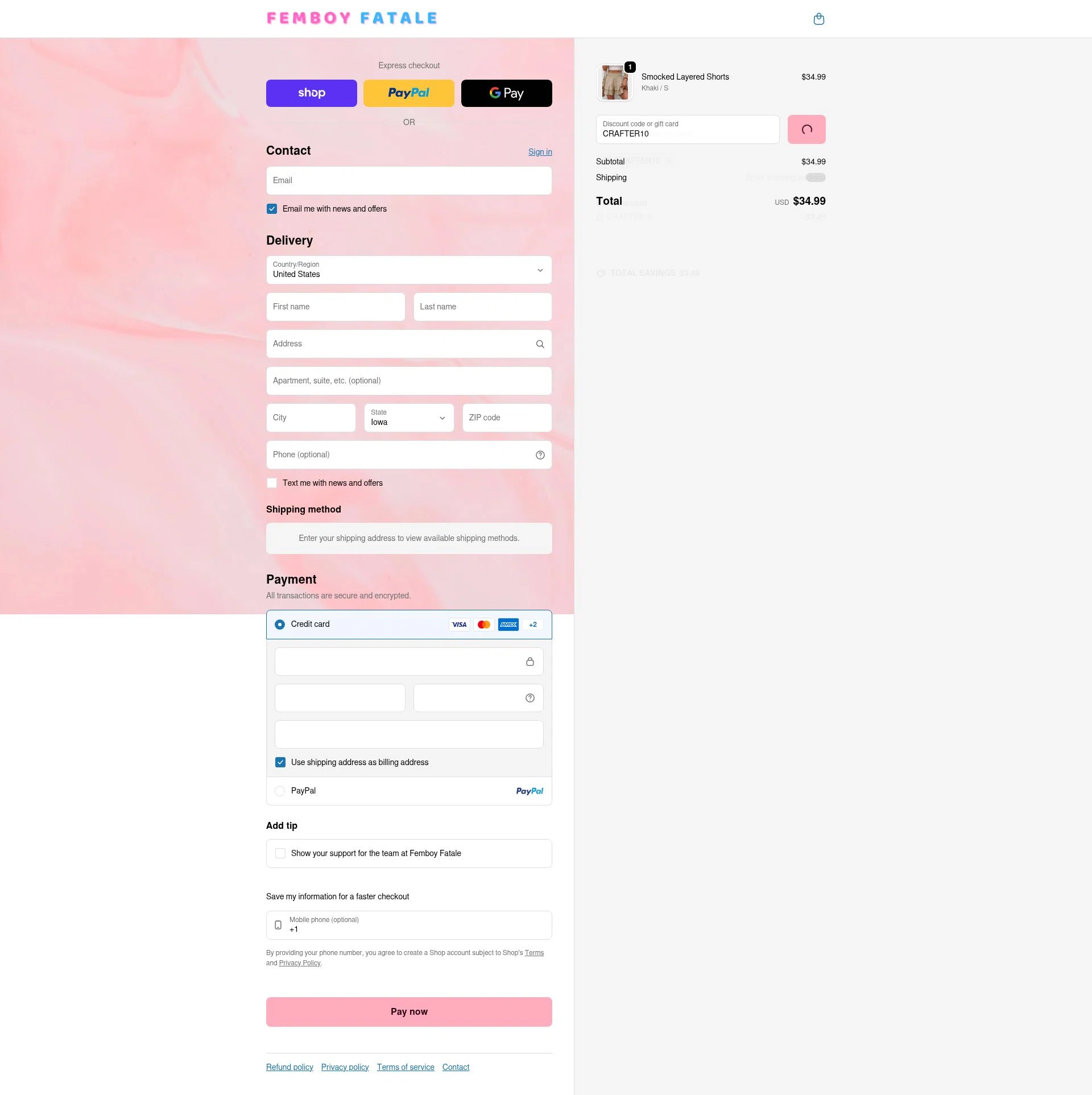 Femboy Fatale checkout page showing Femboy Fatale promo code box | Screenshot taken by SimplyCodes community member on Feb 14, 2026