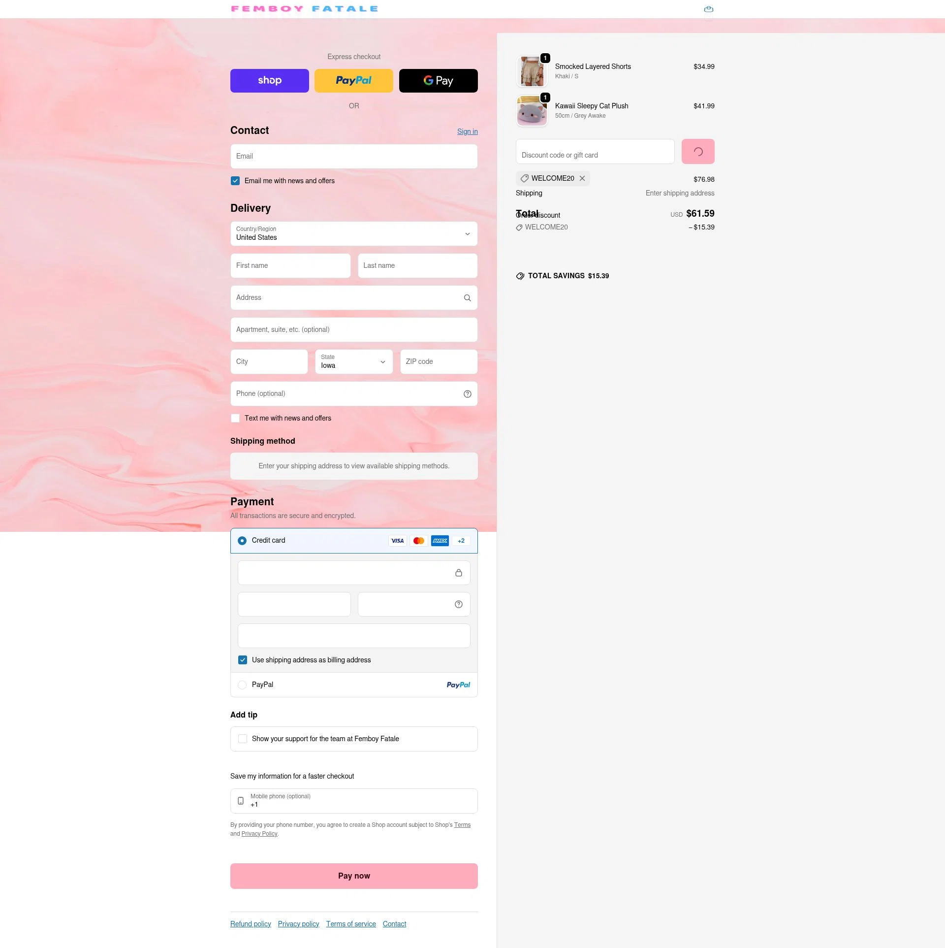 Femboy Fatale checkout page showing Femboy Fatale promo code box | Screenshot taken by SimplyCodes community member on Feb 18, 2026