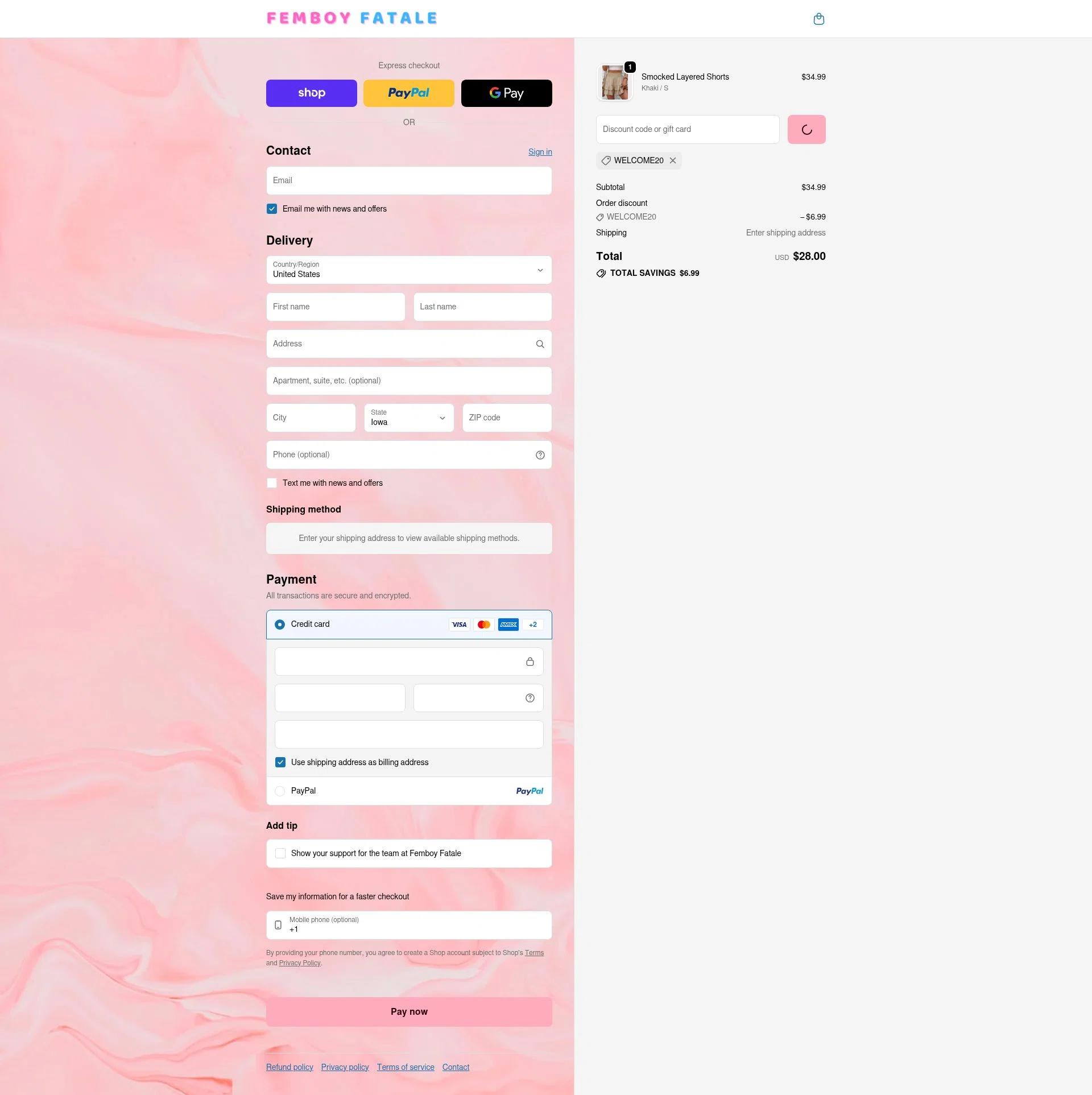 Femboy Fatale checkout page showing Femboy Fatale promo code box | Screenshot taken by SimplyCodes community member on Feb 14, 2026