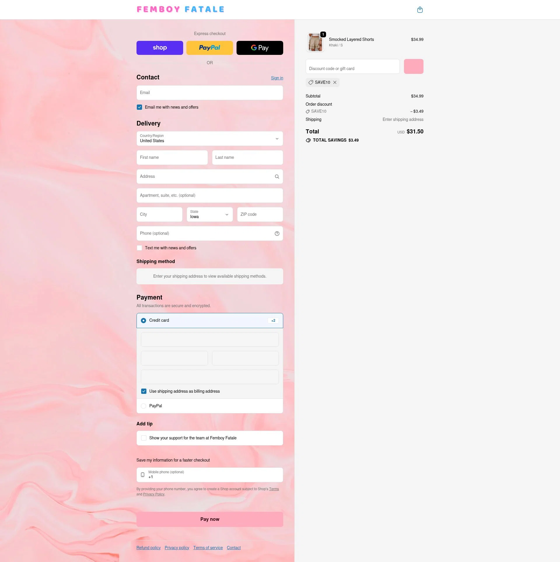 Femboy Fatale checkout page showing Femboy Fatale promo code box | Screenshot taken by SimplyCodes community member on Feb 14, 2026
