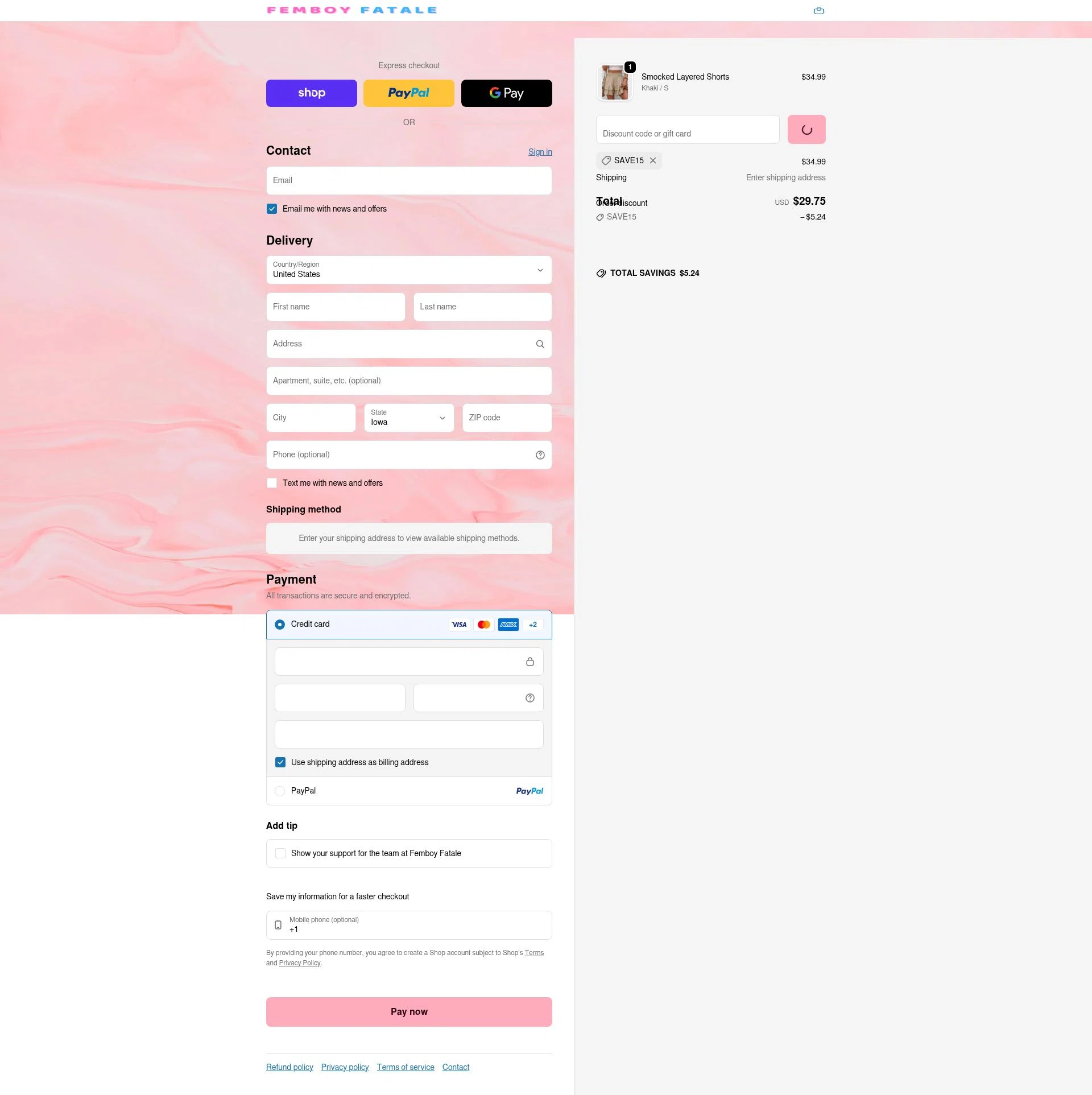 Femboy Fatale checkout page showing Femboy Fatale promo code box | Screenshot taken by SimplyCodes community member on Feb 14, 2026