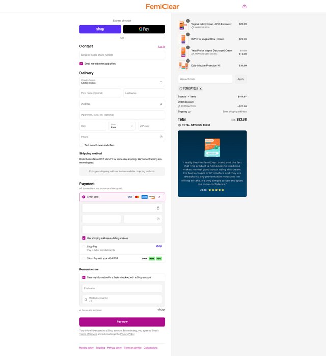 FemiClear checkout page showing FemiClear discount code box | Screenshot taken by SimplyCodes community member on Sep 4, 2025