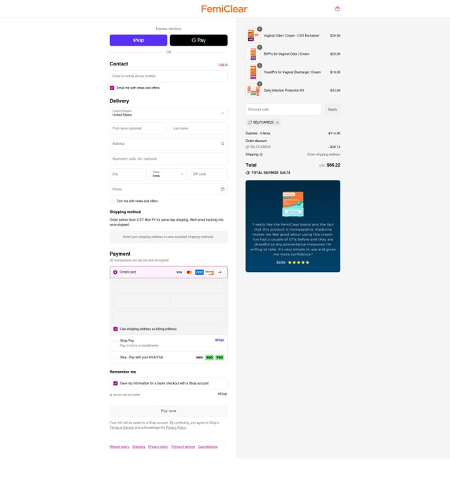 FemiClear checkout page showing FemiClear discount code box | Screenshot taken by SimplyCodes community member on Sep 4, 2025