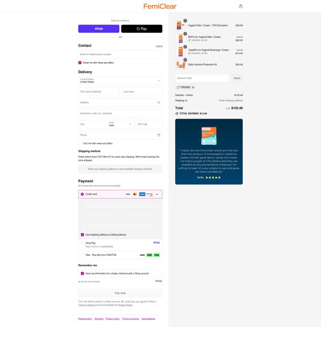 FemiClear checkout page showing FemiClear discount code box | Screenshot taken by SimplyCodes community member on Sep 4, 2025