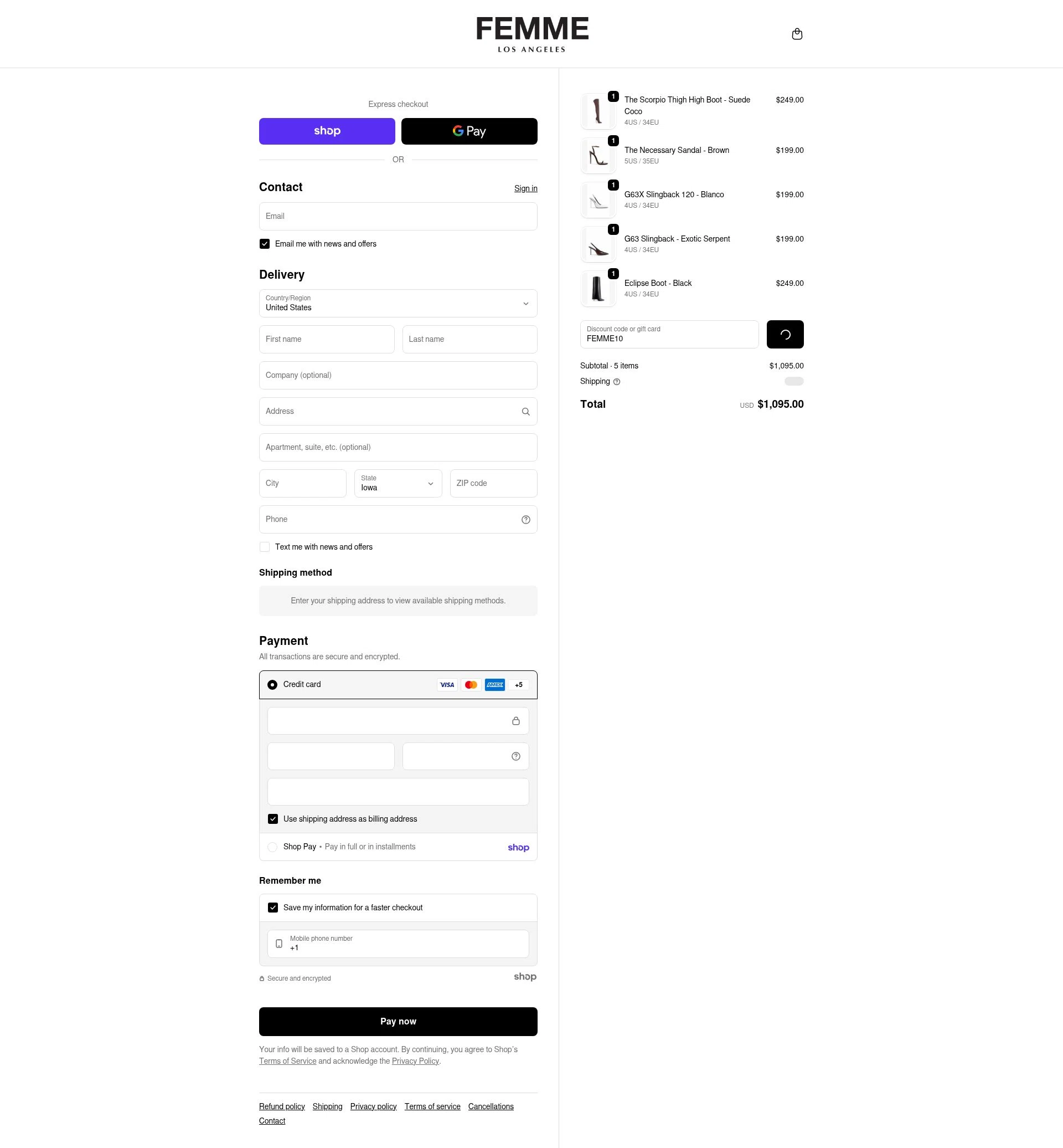 Femme LA checkout page showing Femme LA discount code box | Screenshot taken by SimplyCodes community member on Jan 27, 2026