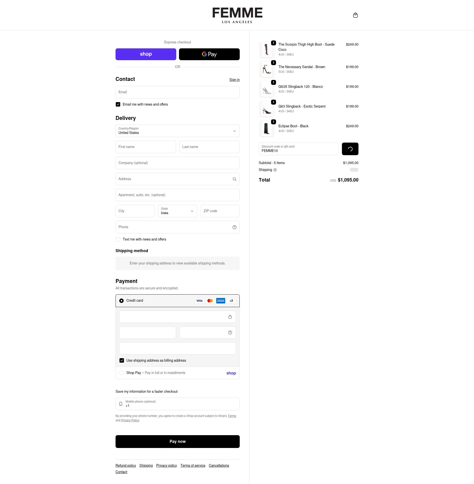 Femme LA checkout page showing Femme LA discount code box | Screenshot taken by SimplyCodes community member on Feb 9, 2026