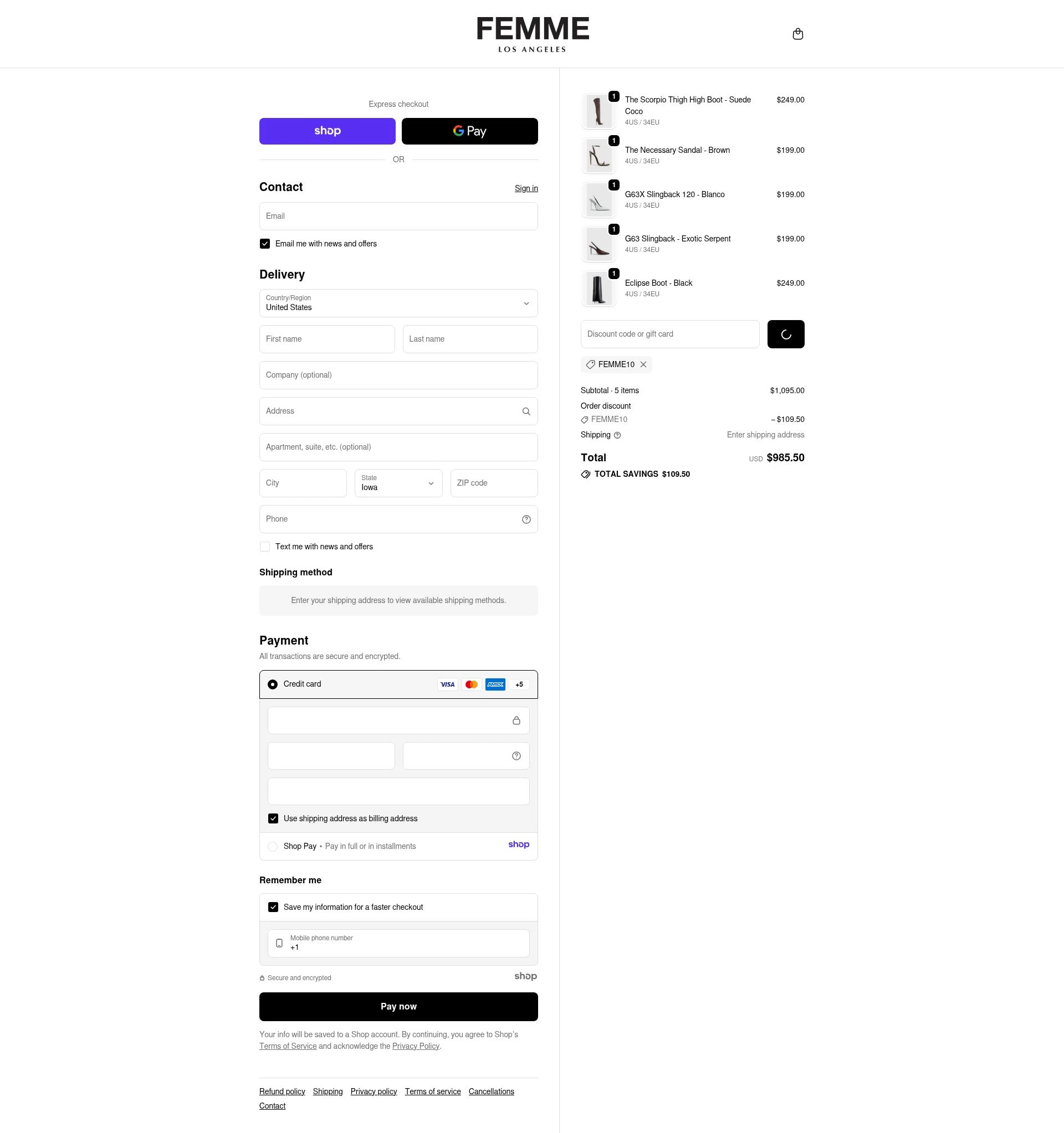 Femme LA checkout page showing Femme LA discount code box | Screenshot taken by SimplyCodes community member on Dec 29, 2025