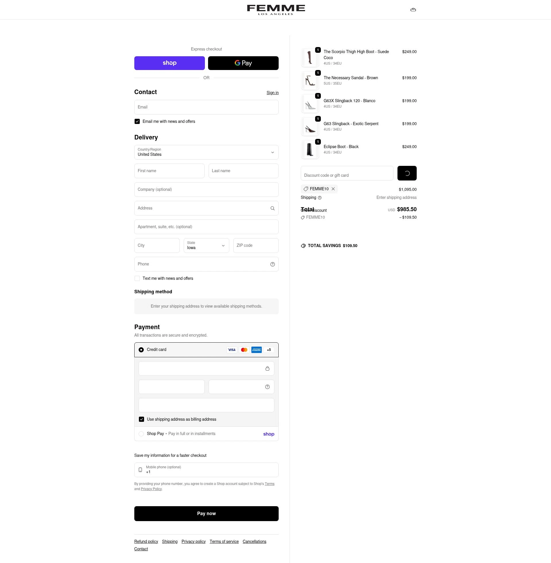 Femme LA checkout page showing Femme LA discount code box | Screenshot taken by SimplyCodes community member on Feb 5, 2026