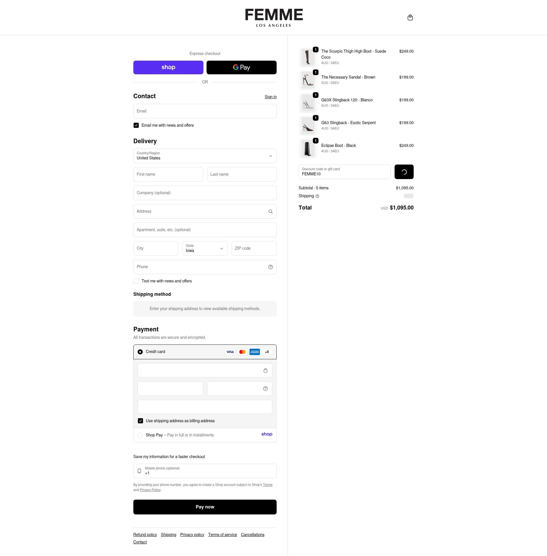 Femme LA checkout page showing Femme LA discount code box | Screenshot taken by SimplyCodes community member on Jan 18, 2026