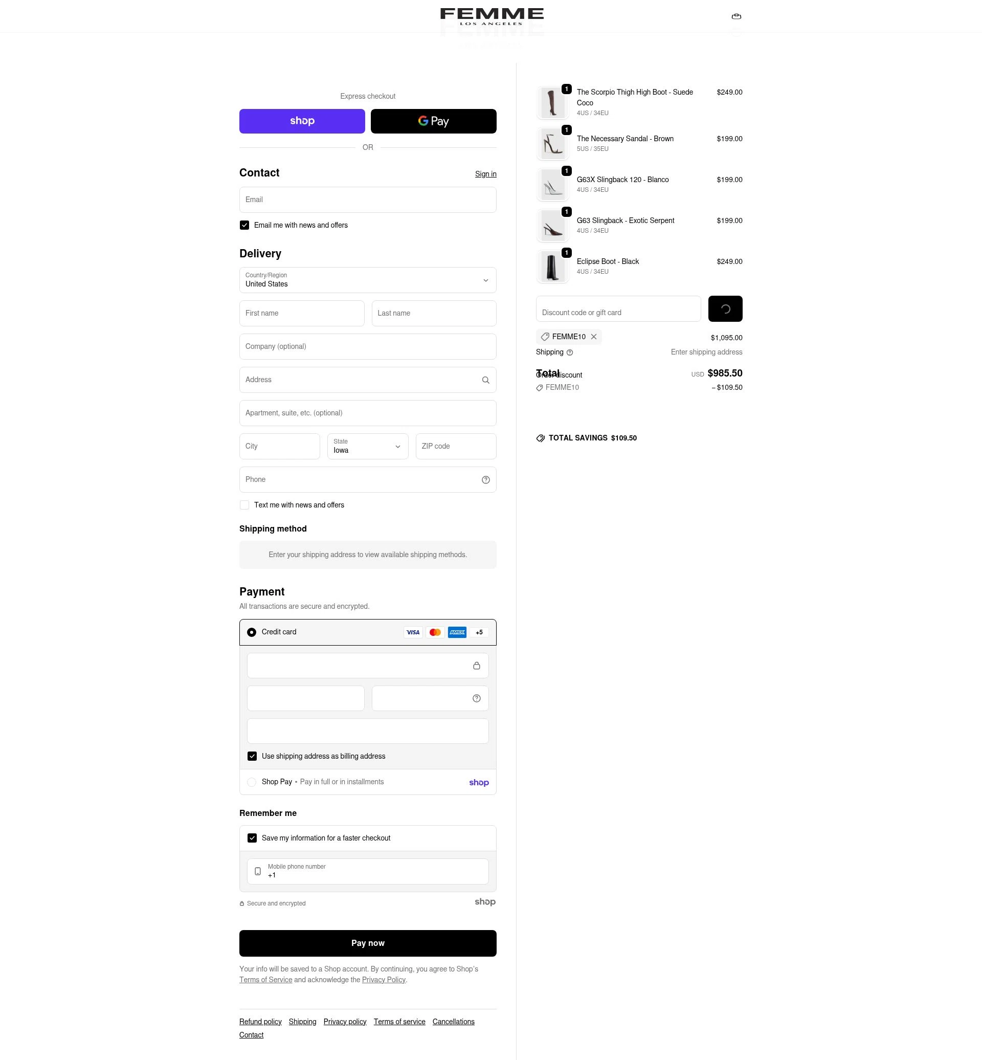 Femme LA checkout page showing Femme LA discount code box | Screenshot taken by SimplyCodes community member on Jan 23, 2026