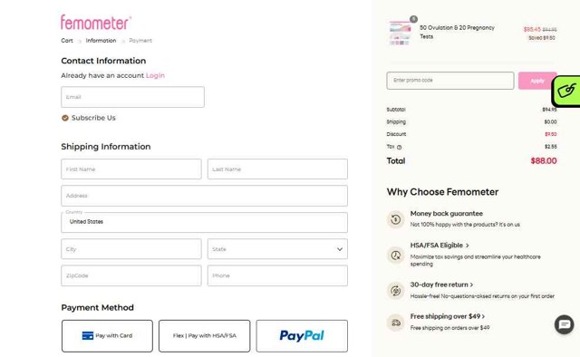 Femometer checkout page showing Femometer promo code box | Screenshot taken by SimplyCodes community member on May 9, 2025