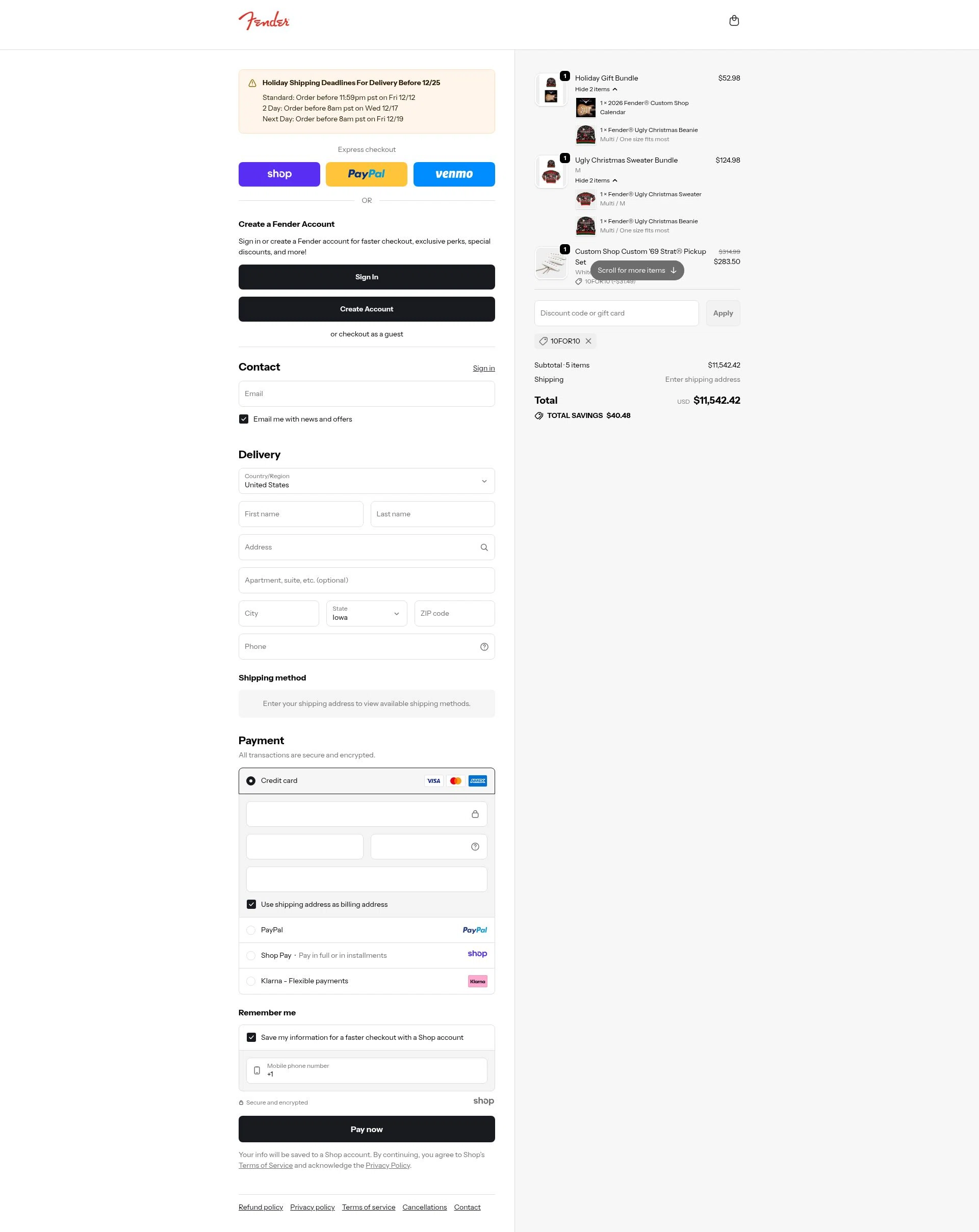 Fender checkout page showing Fender promo code box | Screenshot taken by SimplyCodes community member on Dec 9, 2025