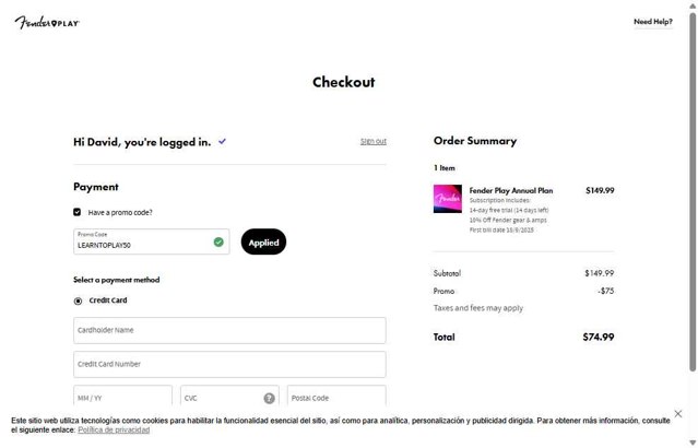 Fender Play checkout page showing Fender Play promo code box | Screenshot taken by SimplyCodes community member on Sep 4, 2025