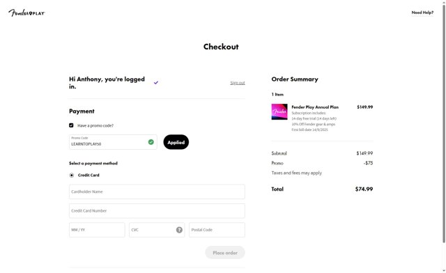 Fender Play checkout page showing Fender Play promo code box | Screenshot taken by SimplyCodes community member on Sep 1, 2025