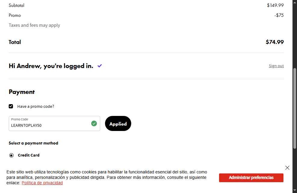 Fender Play checkout page showing Fender Play promo code box | Screenshot taken by SimplyCodes community member on Jan 12, 2026