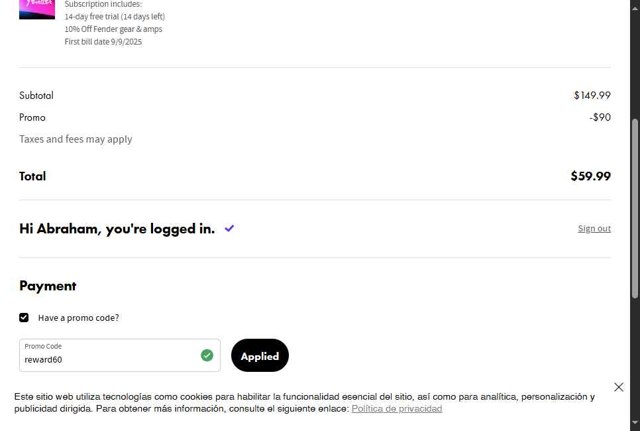 Fender Play checkout page showing Fender Play promo code box | Screenshot taken by SimplyCodes community member on Aug 27, 2025