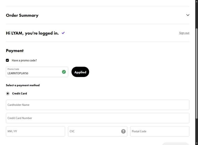 Fender Play checkout page showing Fender Play promo code box | Screenshot taken by SimplyCodes community member on Aug 28, 2025