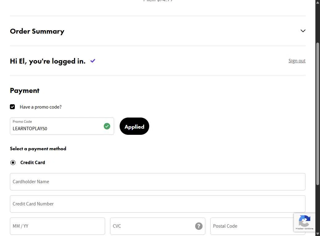 Fender Play checkout page showing Fender Play promo code box | Screenshot taken by SimplyCodes community member on Nov 30, 2025
